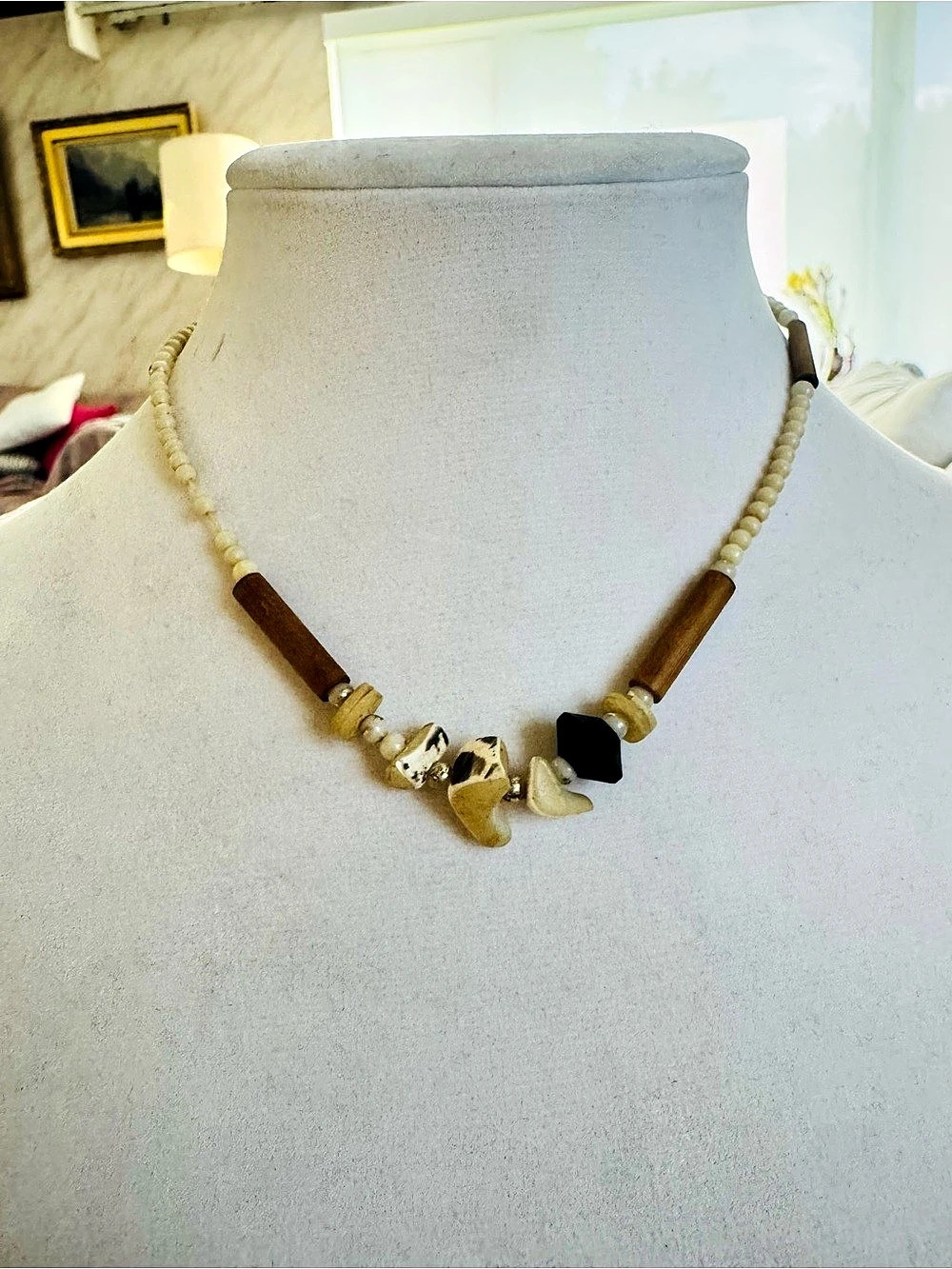 Beaded Tribal Pendant Necklace Cream & Brown Like New